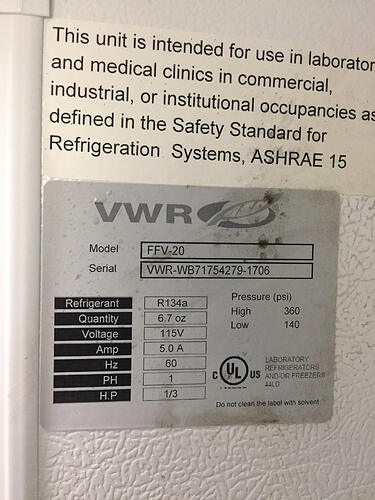 VWR - Chemical Storage Fridge - Model - Serial Number