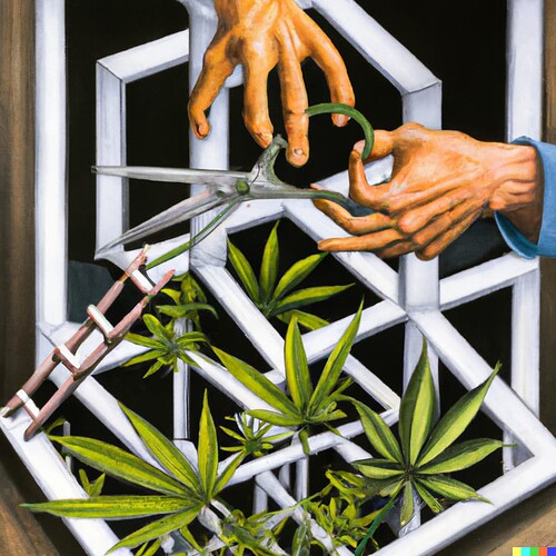 DALL·E 2022-12-21 18.46.47 - An mc Escher style painting of a man trimming cannabis w scissors in jail
