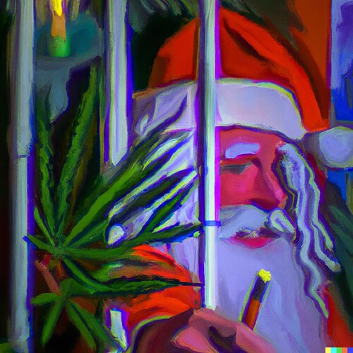 DALL·E 2022-12-21 18.44.01 - An impressionist oil painting of a man in jail trimming cannabis with a red light on over his head in Santa Claus in the background