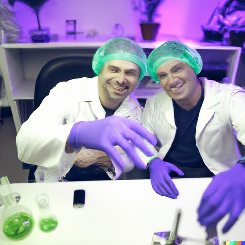 DALL·E 2022-08-31 22.31.17 - Happy chemists sitting in their cannabis testing laboratory, laughing at their simple LIMS system, dark magical