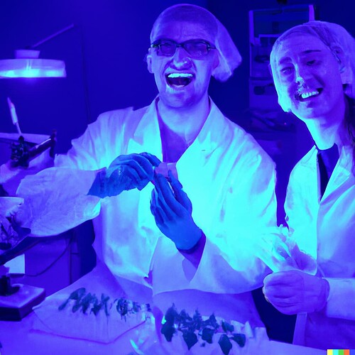 DALL·E 2022-08-31 22.31.03 - Happy chemists sitting in their cannabis testing laboratory, laughing at their simple LIMS system, dark magical