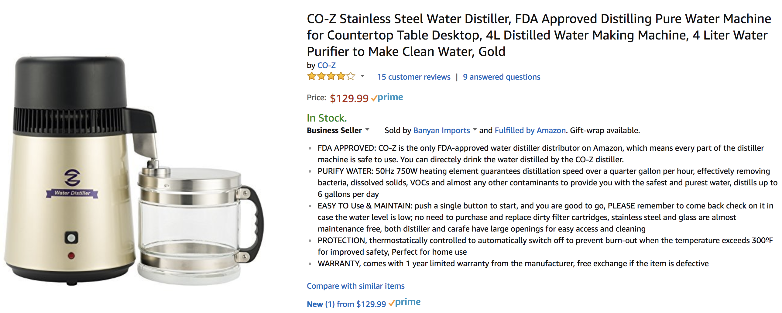 CO-Z Brushed Stainless Steel Water Distiller FDA Approved 4L Distilled machine 
